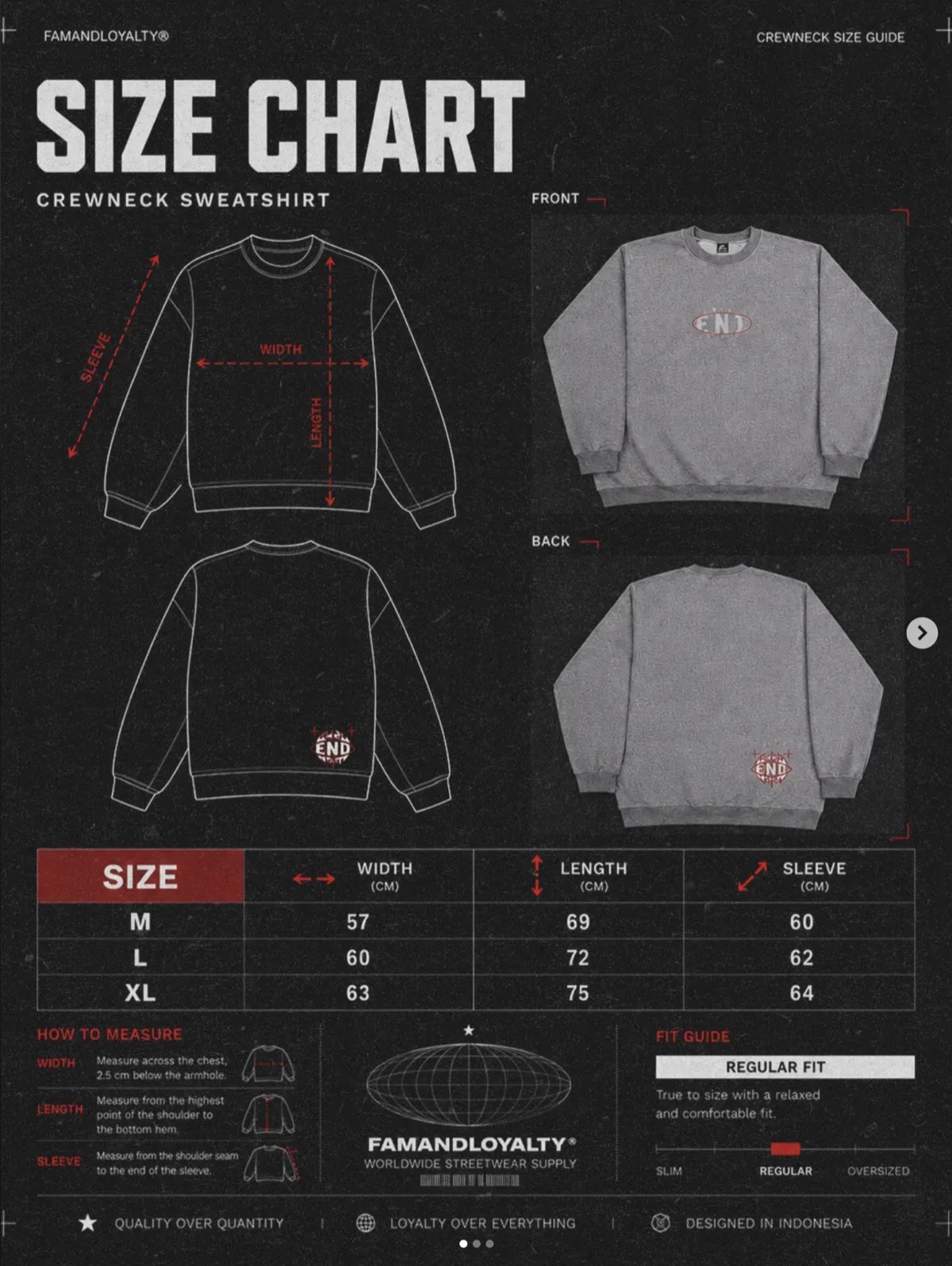 Size chart crewneck FNL